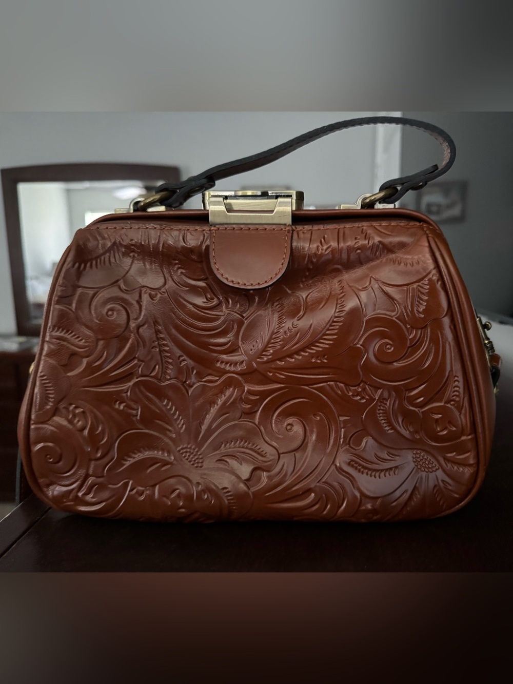 Patricia Nash Embossed Floral Leather Satchel in Chestnut Brown